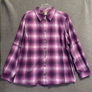 Duluth Trading Co Sidewinder Gardening Shirt Womens 1X Purple Plaid Vented UPF